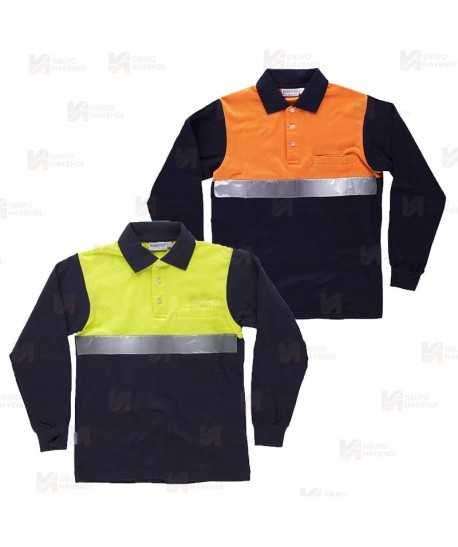 Polo de algodón bicolor, manga larga con cintas reflectantes