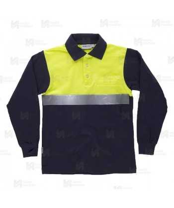 Polo de algodón bicolor, manga larga con cintas reflectantes