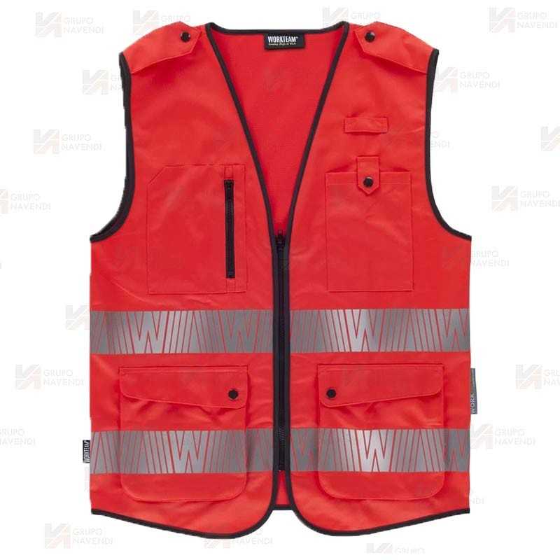 Chaleco alta visibilidad rojo flúor multibolsillos con cintas segmentadas