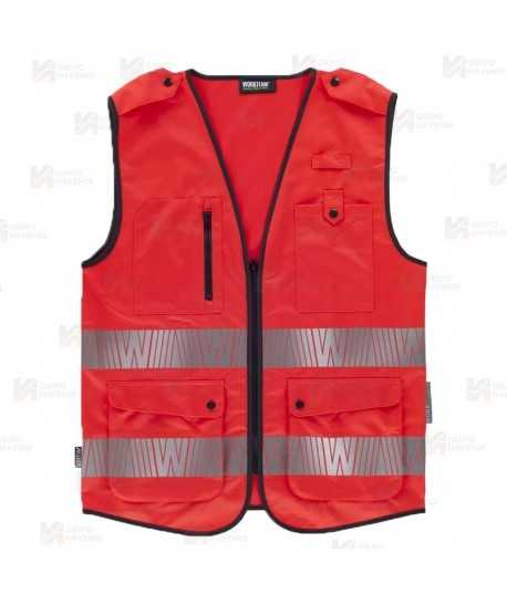 Chaleco alta visibilidad rojo flúor multibolsillos con cintas segmentadas