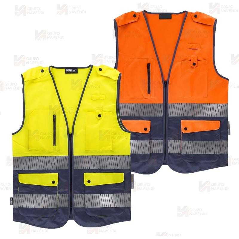 Chaleco alta visibilidad bicolor multibolsillos con cintas segmentadas