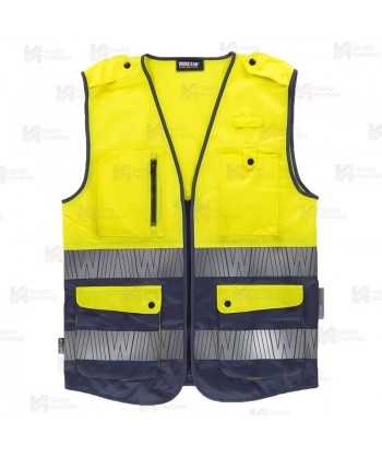 Chaleco alta visibilidad amarillo flúor/marino, multibolsillos con cintas segmentadas