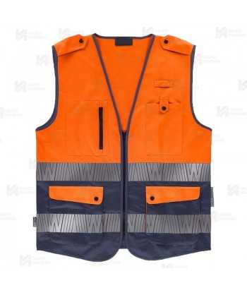 Chaleco alta visibilidad naranja flúor/marino, multibolsillos con cintas segmentadas