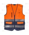 Chaleco alta visibilidad naranja flúor/marino, multibolsillos con cintas segmentadas