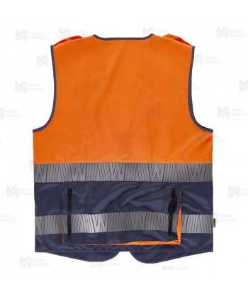 Chaleco alta visibilidad naranja flúor/marino, multibolsillos con cintas segmentadas