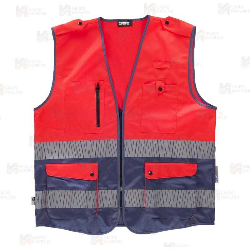 Chaleco alta visibilidad rojo flúor/marino multibolsillos con cintas segmentadas