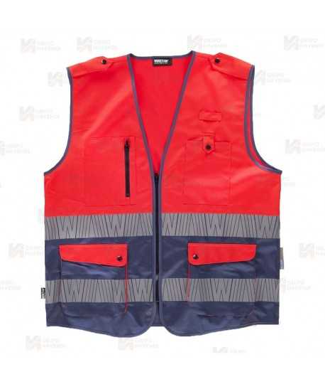 Chaleco alta visibilidad rojo flúor/marino multibolsillos con cintas segmentadas