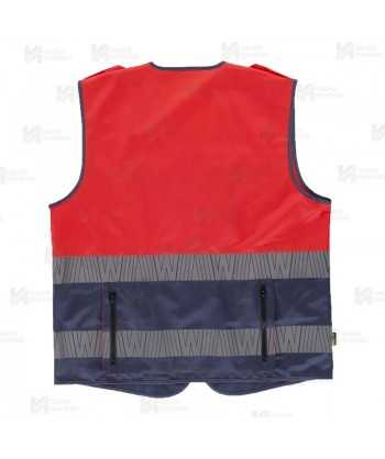 Chaleco alta visibilidad rojo flúor/marino multibolsillos con cintas segmentadas