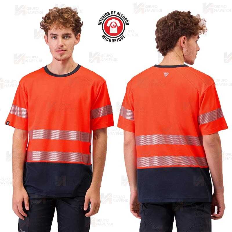 Camiseta alta visibilidad rojo flúor/marino de manga corta con cintas segmentadas