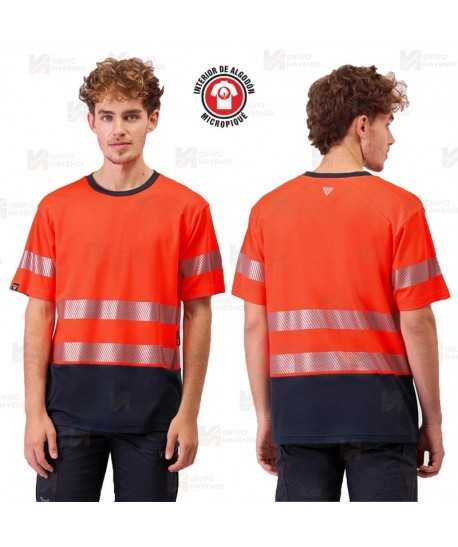 Camiseta alta visibilidad rojo flúor/marino de manga corta con cintas segmentadas