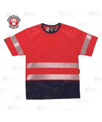 Camiseta alta visibilidad rojo flúor/marino de manga corta con cintas segmentadas