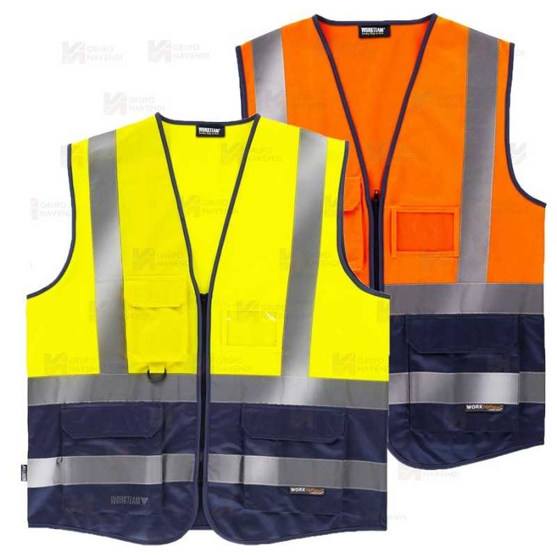 Chaleco alta visibilidad bicolor multibolsillos con cintas reflectantes