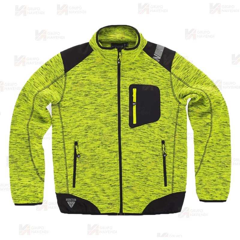 Chaqueta de punto combinada con tejido softshell color amarillo flúor y negro