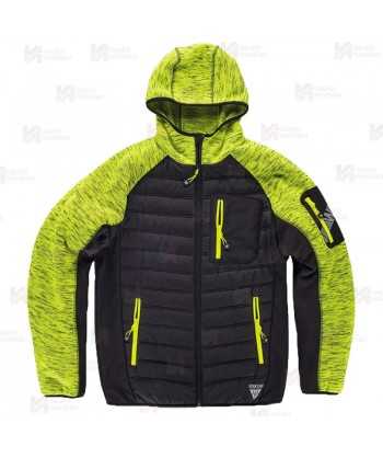 Chaqueta unisex con capucha, de punto, acolchada y con tejido softshell color amarillo flúor y negro
