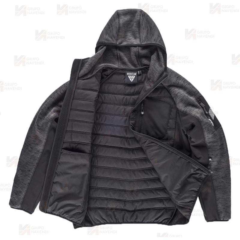 Chaqueta unisex con capucha, de punto, acolchada y con tejido softshell color gris oscuro y negro