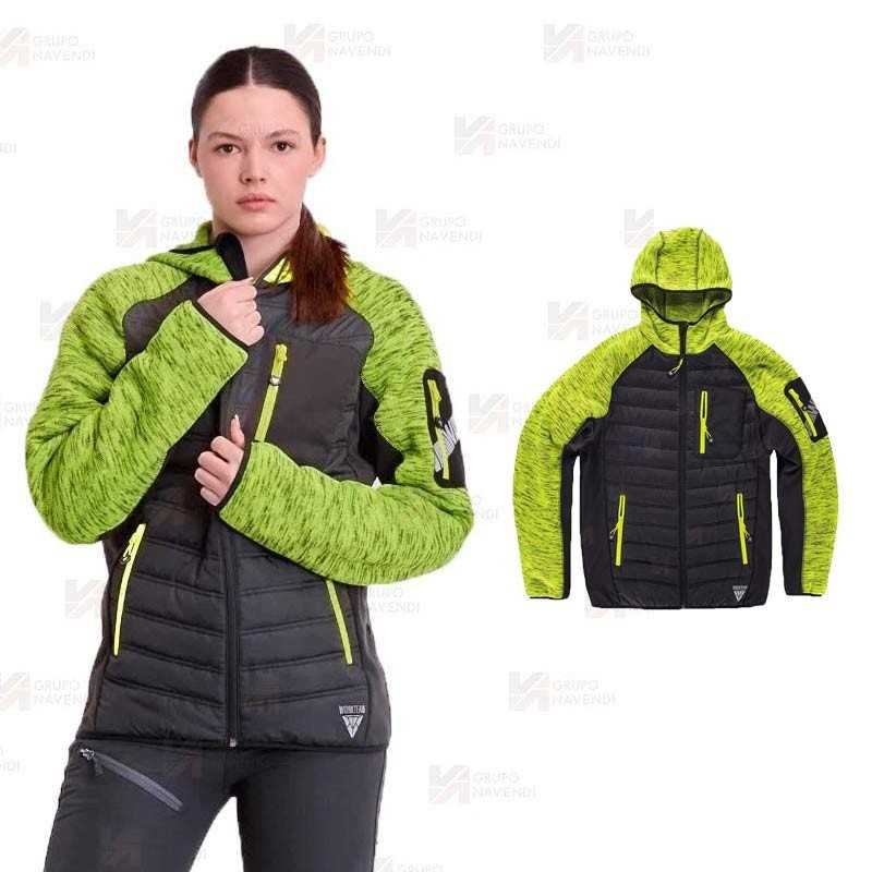 Chaqueta unisex con capucha, de punto, acolchada y con tejido softshell color amarillo flúor y negro