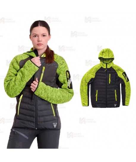Chaqueta unisex con capucha, de punto, acolchada y con tejido softshell color amarillo flúor y negro