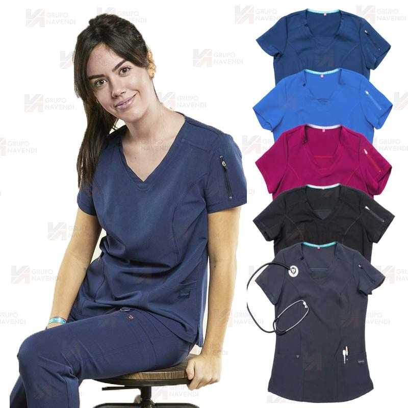 Casaca sanitaria antibacteriana de manga corta y bolsillos  -Mujer-