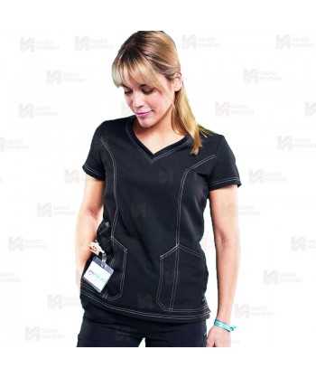 Casaca sanitaria color negro, antibacteriana de manga corta y bolsillos para mujer