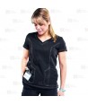 Casaca sanitaria color negro, antibacteriana de manga corta y bolsillos para mujer