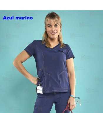 Casaca sanitaria color azul marino, antibacteriana de manga corta y bolsillos para mujer