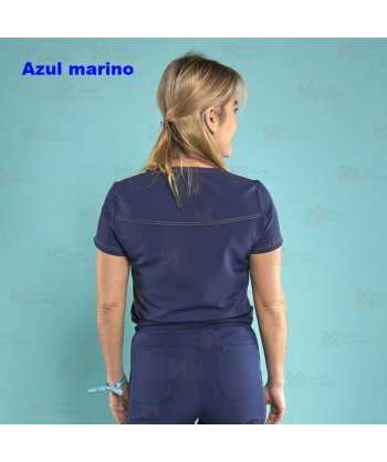 Casaca sanitaria color azul marino, antibacteriana de manga corta y bolsillos para mujer