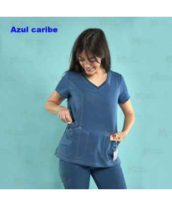 Casaca sanitaria color azul caribe, antibacteriana de manga corta y bolsillos para mujer