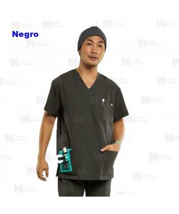Casaca sanitaria color negro, antibacteriana de manga corta y bolsillos para hombre