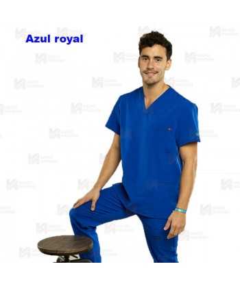 Casaca sanitaria color royal, antibacteriana de manga corta y bolsillos para hombre
