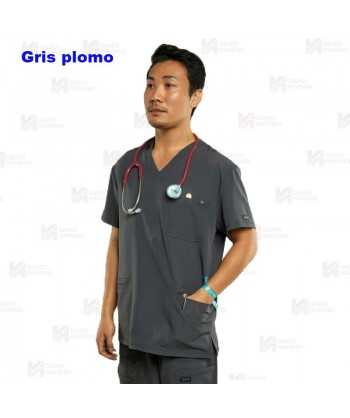 Casaca sanitaria color gris plomo, antibacteriana de manga corta y bolsillos para hombre