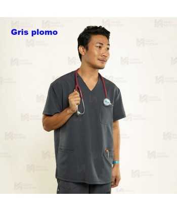 Casaca sanitaria color gris plomo, antibacteriana de manga corta y bolsillos para hombre