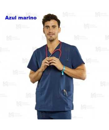 Casaca sanitaria color azul marino, antibacteriana de manga corta y bolsillos para hombre