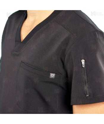 Casaca sanitaria antibacteriana color negro marino con espalda transpirable y bolsillo