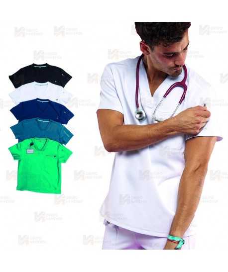 Casaca sanitaria antibacteriana color blanco con espalda transpirable y bolsillo