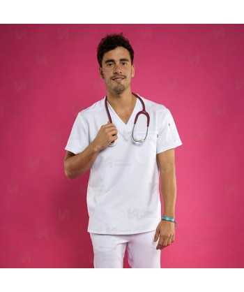 Casaca sanitaria antibacteriana color blanco con espalda transpirable y bolsillo