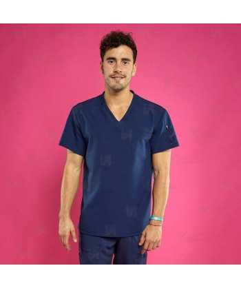 Casaca sanitaria antibacteriana color azul marino con espalda transpirable y bolsillo