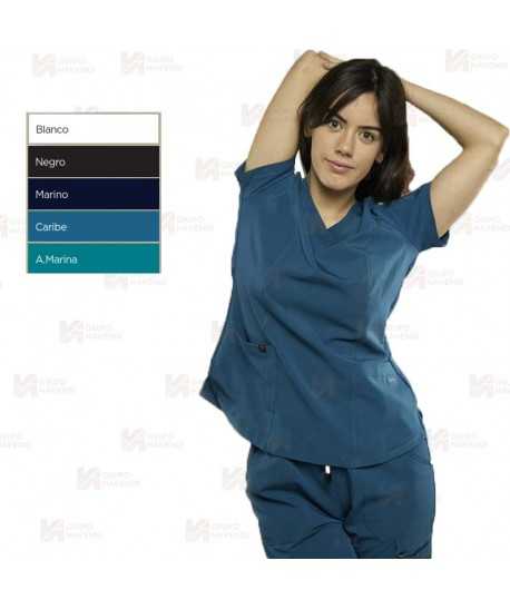 Casaca sanitaria color Azul caribe, antibacteriana con espalda transpirable para mujer