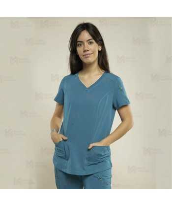 Casaca sanitaria color Azul caribe, antibacteriana con espalda transpirable para mujer