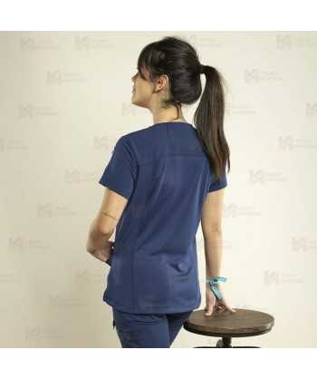 Casaca sanitaria color azul marino, antibacteriana con espalda transpirable para mujer