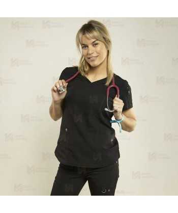 Casaca sanitaria color negro, antibacteriana con espalda transpirable para mujer