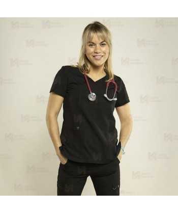 Casaca sanitaria color negro, antibacteriana con espalda transpirable para mujer