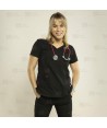 Casaca sanitaria color negro, antibacteriana con espalda transpirable para mujer