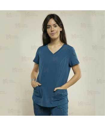 Casaca sanitaria color Azul caribe, antibacteriana con espalda transpirable para mujer