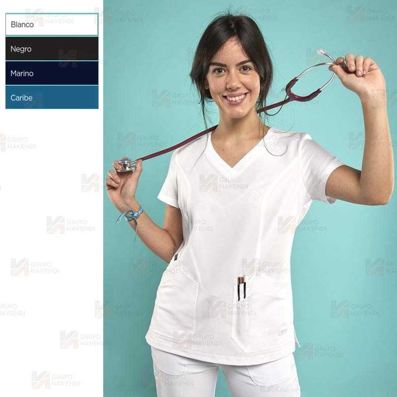 Casaca sanitaria de color blanco, antibacteriana de manga corta con bolsillos para mujer