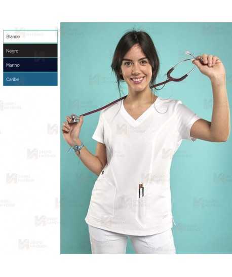 Casaca sanitaria de color blanco, antibacteriana de manga corta con bolsillos para mujer
