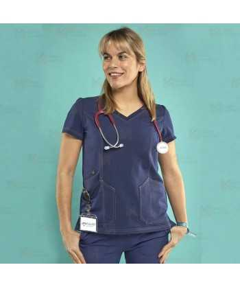 Casaca sanitaria de color azul marino, antibacteriana de manga corta con bolsillos para mujer