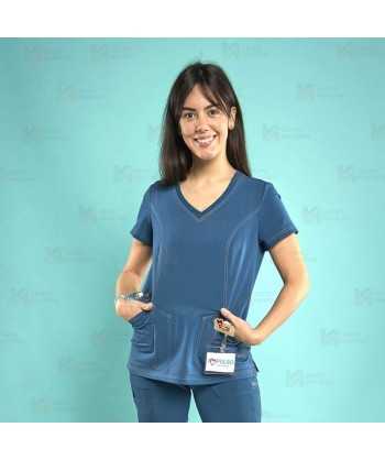 Casaca sanitaria de color azul caribe, antibacteriana de manga corta con bolsillos para mujer