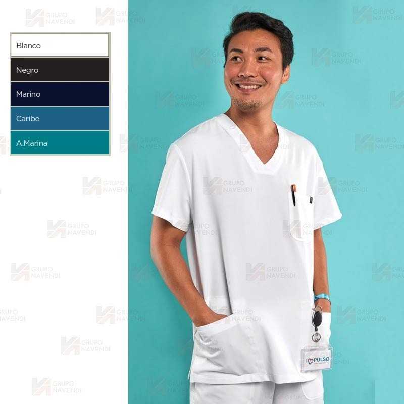 Casaca sanitaria de color blanco, antibacteriana de manga corta con bolsillos para hombre