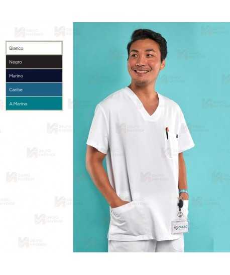 Casaca sanitaria de color blanco, antibacteriana de manga corta con bolsillos para hombre