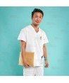 Casaca sanitaria de color blanco, antibacteriana de manga corta con bolsillos para hombre